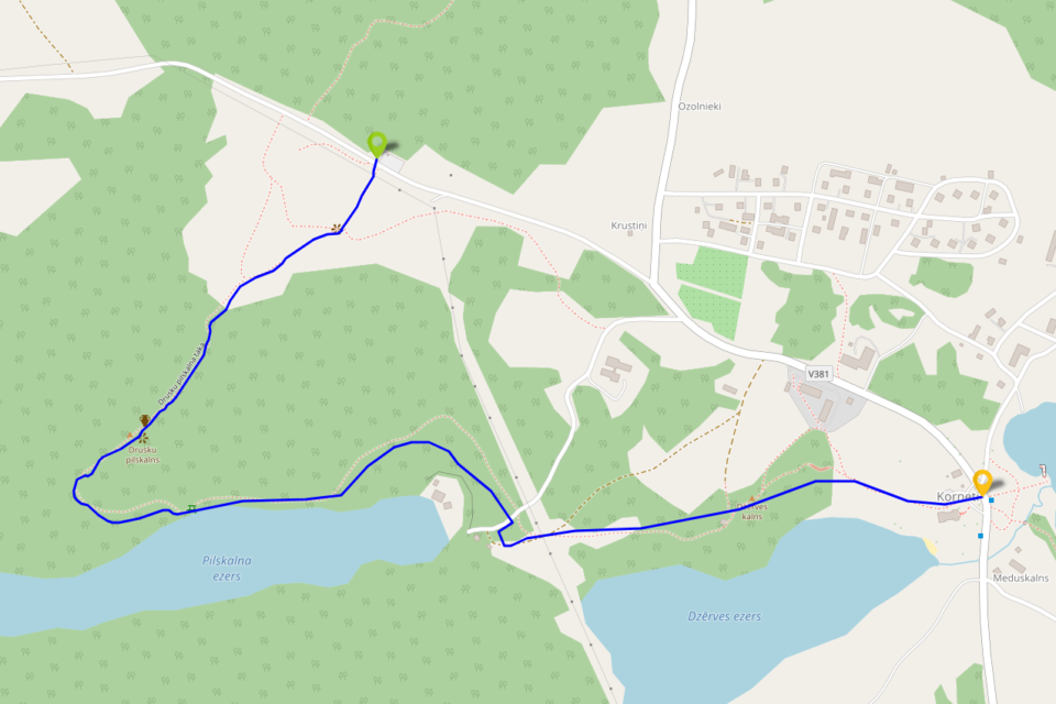 Natuurpad burchtheuvel Drusku — routekaart met begin- en eindpunt