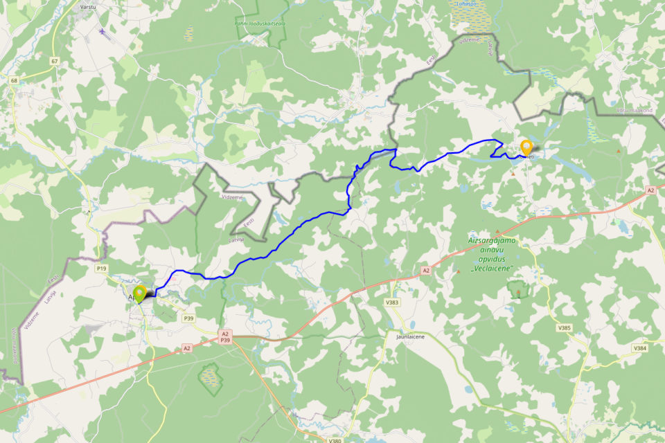 Ape – Korneti: mapa de la ruta con punto de inicio y de final