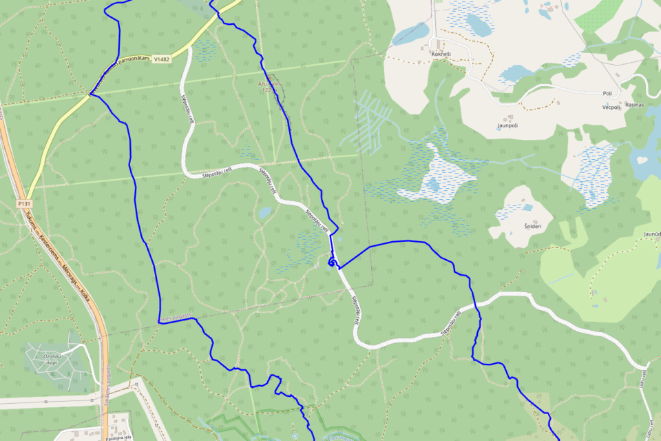 Lac Melnezers à Tukums — carte de l'itinéraire avec points de départ et d'arrivée