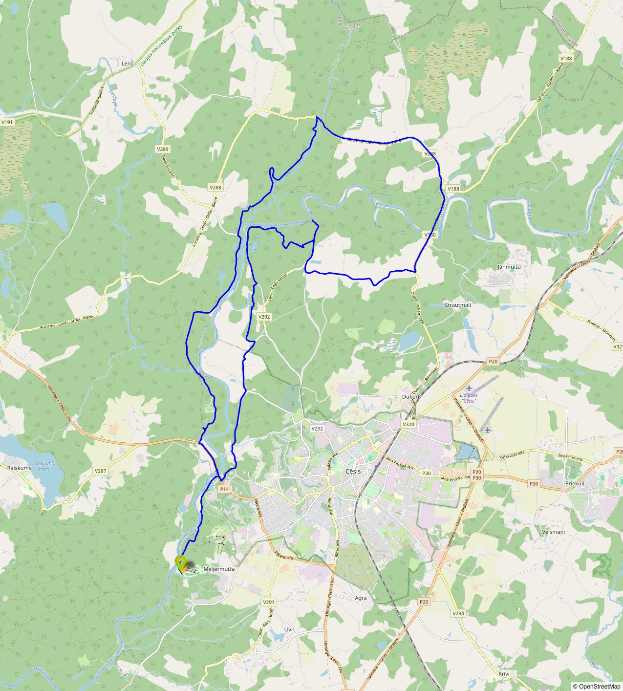 Rondroute Strīķi — routekaart met begin- en eindpunt