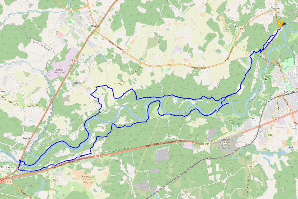 Sigulda – Rāmkalni – Sigulda rattasõidumarsruut 38 km — marsruudi kaart koos alg- ja lõpp-punktiga