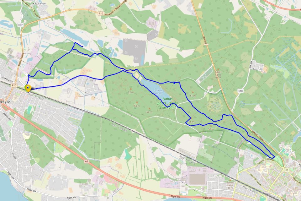 Ogre sinised mäed 15 km — marsruudi kaart koos alg- ja lõpp-punktiga