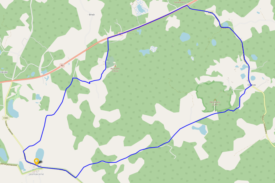 Alrededor de Dēļiņkalns: mapa de la ruta con punto de inicio y de final